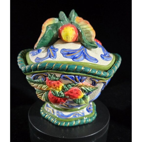 Fitz & Floyd Ceramic Florentine Covered Dish With Lid Hand-Painted Vibrant Color - Picture 3 of 9